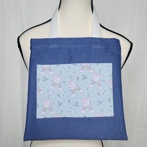 Blue Tote Bag with Leather Front Design. Handmade.
